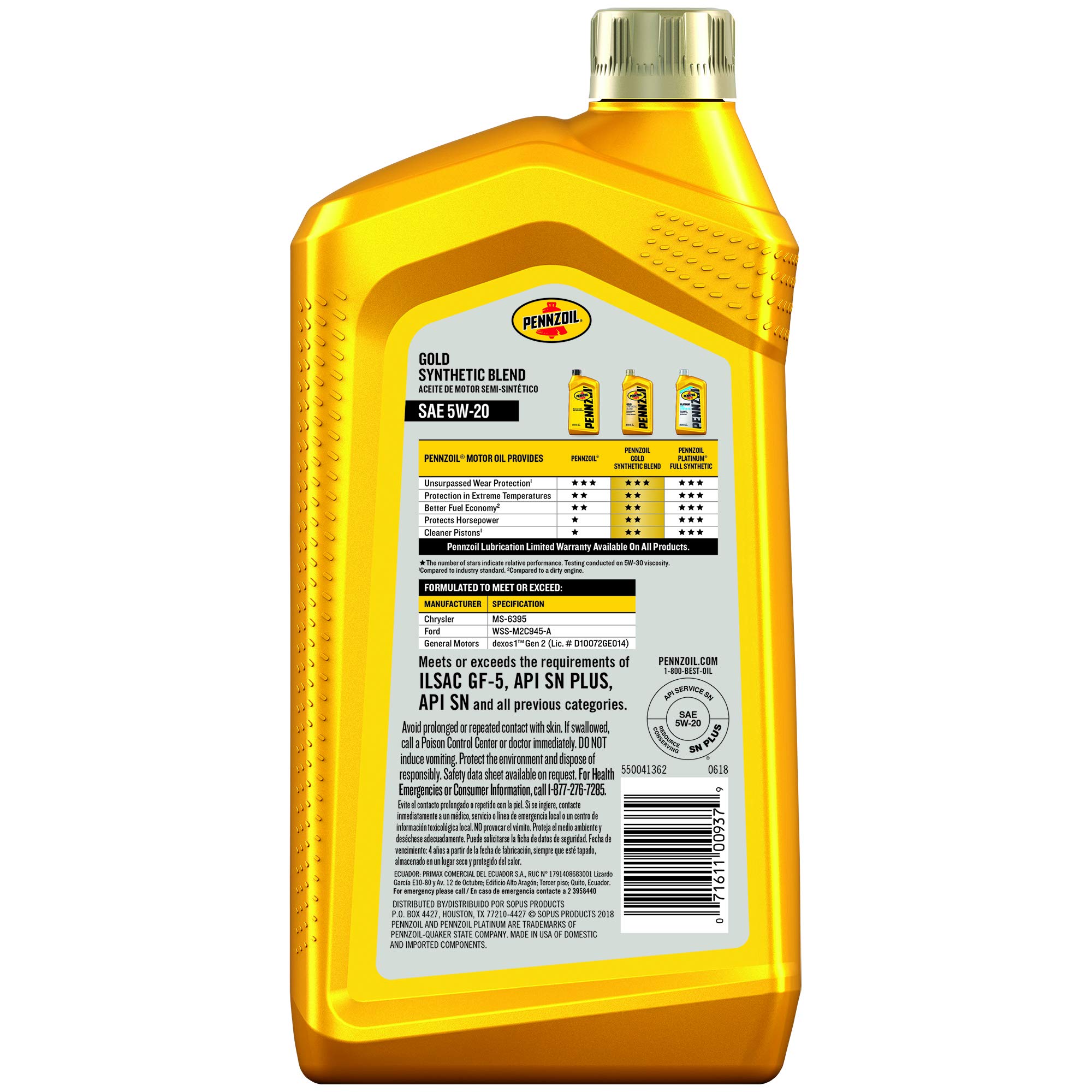 Amazon | Pennzoil Gold Synthetic Blend 5W-20 モーターオイル (SN-GF